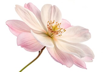 Fototapeta premium Isolated against white, a beautiful pink flower showcases its delicate petals, a bloom of nature's spring beauty