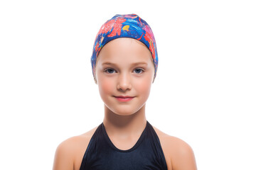 young swimmer in vibrant cap isolated on white background - obrazy, fototapety, plakaty