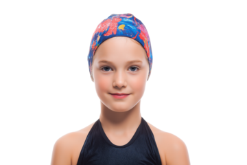 young swimmer in vibrant cap isolated on white background
