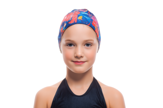 young swimmer in vibrant cap isolated on white background
