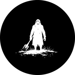 Monochromatic figure wielding implement against dark backdrop evoking mystery