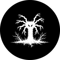 Spooky Silhouette: Monochromatic Tree with Face in Circle Background