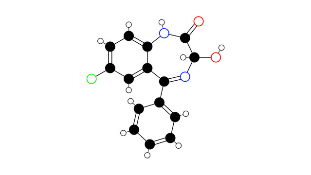 oxazepam molecule, structural chemical formula, ball-and-stick model, isolated image anxiolytic sedative