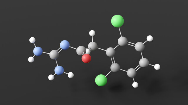 guanfacine molecule 3d, molecular structure, ball and stick model, structural chemical formula antihypertensive agent