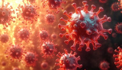 Close-up 3D visualization of spherical virus particles with spike proteins, glowing in red and blue-orange light, evoking concern and urgency