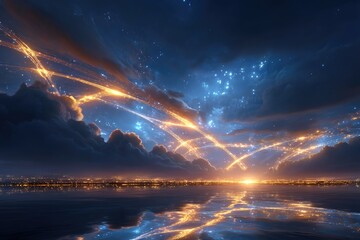 A breathtaking vista of a city by a tranquil lake, under a spectacular night sky.