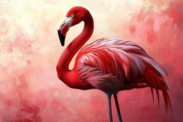 Vivid red flamingo with detailed feathers standing against a soft textured pink and beige background, showcasing elegant posture and natural beauty
