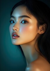 Close-up portrait of a young woman with flawless glowing skin, glossy lips, and intense gaze against a dark teal background, exuding confidence and elegance