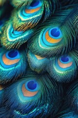 Obraz premium Close-up of vibrant peacock feathers showing iridescent blue, green, and gold colors with detailed patterns and soft texture