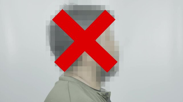 A side view closeup of a man with a pixelated, censored head and bold red cross censoring text beside him on a white background, symbolizing digital suppression, lost identity, or restricted
