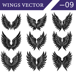 Fototapeta premium Intricate Vector Set of Black Wings – Gothic Feather Silhouettes for Tattoo Concepts, Dark Fantasy Posters, and Halloween Designs.