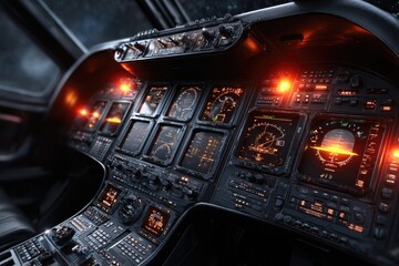 Futuristic cockpit interior with illuminated controls.