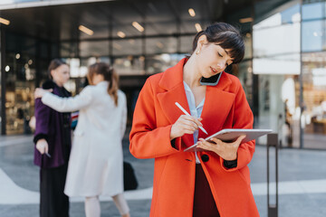 A professional woman wearing a vibrant orange coat using a tablet while on her phone, showcasing...