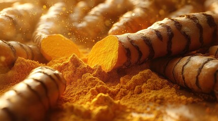 Close-up of fresh turmeric roots and bright yellow turmeric powder with dust particles floating in warm light