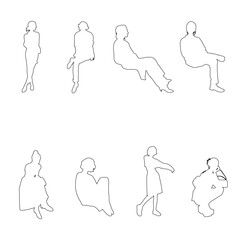Linear silhouettes of seated people, designed for use in architectural plans, sections, and layouts.ad_03