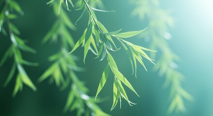 Fototapeta premium Vibrant green willow branches bathed in sunlight nature spring freshness leaves background