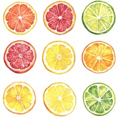 Fototapeta premium Colorful citrus slices, a vibrant display of fresh fruit. Watercolor style, circular fruit sections, radiating segments, showing the interior of different citrus varieties