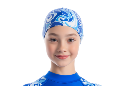 young girl smiling confidently wearing vibrant blue swim cap isolated on white background - Powered by Adobe
