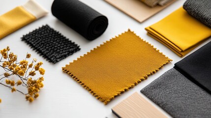 Geometric mood board with mustard yellow and black contrasts, complemented by wooden samples and fabric swatches. 