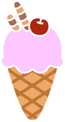 A sweet ice cream cone with cherry and wafer sticks in cute illustration style. Great for dessert menus, summer graphics, and fun seasonal content.