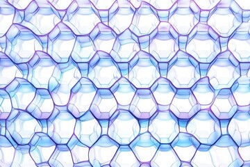 Fototapeta premium Close-up image of interconnected translucent hexagonal and pentagonal shapes forming a complex geometric pattern in shades of blue and purple, evoking a scientific and abstract atmosphere
