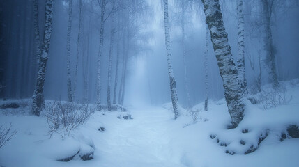 Zimowy krajobraz w lesie, brzozy pokryte szronem we mgle, tapeta generative ai 