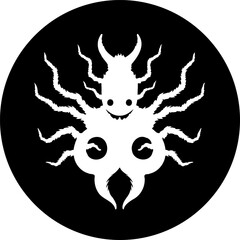 Stylized otherworldly creature emblem against a solid dark circular background