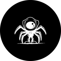 Stylized arachnid-inspired cartoon character emblem set on stark black background