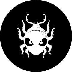 Stylized beetle illustration within a solid black circle for design purposes
