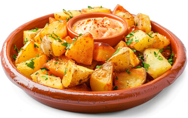 Delicious patatas bravas: fried potato chunks with spicy aioli and paprika.