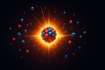 Atomic Nucleus Explosion. Glowing atom nucleus bursting with protons and neutrons flying apart, symbolizing nuclear fission and particle science.