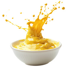 A bowl of bright yellow curry sauce splashing upward, frozen in time, white backdrop