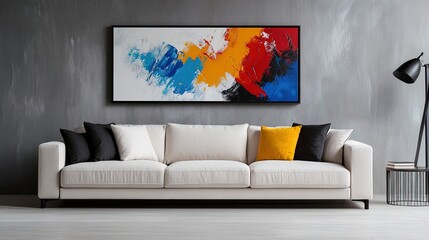 Luxury sofa in the living room with large pillows and modern art on the wall. 