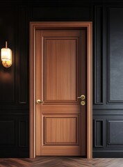 A rich, wooden interior door in a dark room