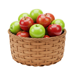 Freshly harvested apples in a woven basket, showcasing vibrant colors and textures