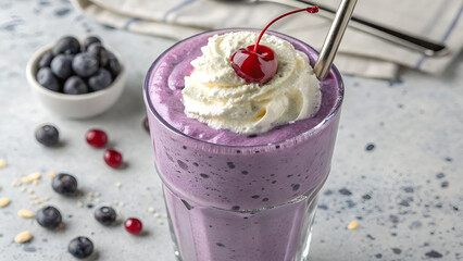 Creamy purple blueberry smoothie with fresh berries on top, served in a glass on a clean white surface.