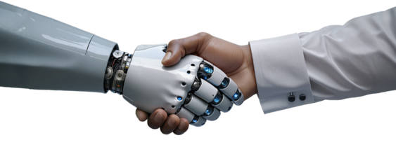 Humanoid robot shakes hands with man, offering partnership between artificial intelligence and human innovation