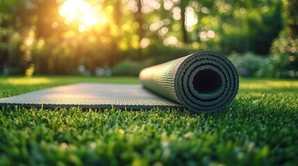 Rolled yoga mat laying on lush green grass with golden sunlight filtering through trees in a tranquil outdoor park setting