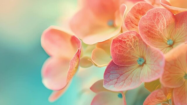 Gentle Light Pink Hydrangea Bloom with Orange Hues On Soft Turquoise Background
