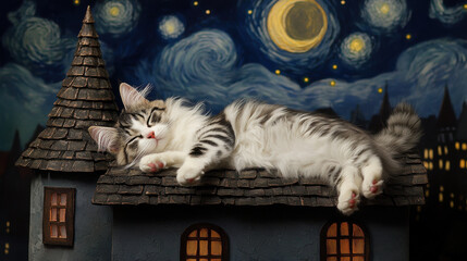 A serene cat sleeps atop a miniature house against a starry night backdrop, evoking a whimsical dream.