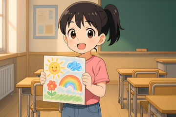 Cartoon illustration features a young girl proudly displaying her colorful drawing of a sun, rainbow, and flower. Standing amidst desks in a classroom, she sharing her artistic masterpiece.