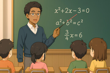 Cartoon illustration shows a male teacher wearing glasses and a sweater, pointing with a stick at mathematical equations on a blackboard. Several young students are seated at desk.
