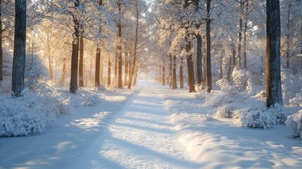 Obraz premium Snowy forest path at dawn, sunbeams, winter wonderland, peaceful scene, tranquil landscape
