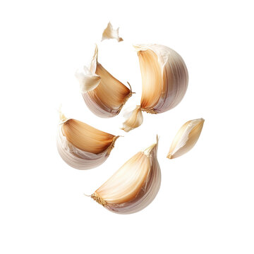A clove of garlic with skin, floating mid-air as if being chopped, sharp detail, white background