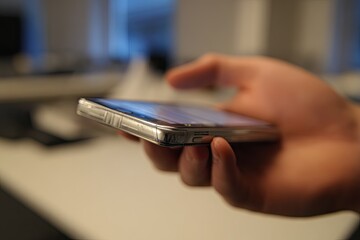 Hand Holds Mobile Device in Office Space