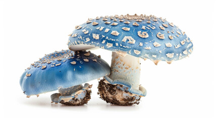 Two blue mushrooms with textured caps and partial veil remnants on a white background. Unique fungi.