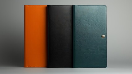 Stylish leather notebooks or folios displayed in vibrant orange black and teal colors on a subtle background