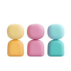 Three pastel-colored, rounded geometric forms in a horizontal arrangement against a plain background.  Simple shapes and soft color palette.