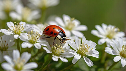 Ladybug on White Flowers: Close-up of Red Beetle