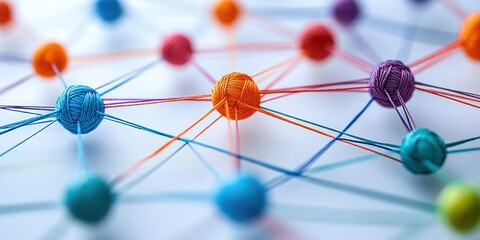 Close-up view of colorful yarn balls interconnected with multiple threads creating a web-like network on a white surface
